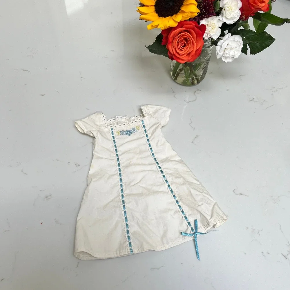 American Girl White Doll Dress Blue Floral Embroidery Ribbon Trim 18 Inch Doll